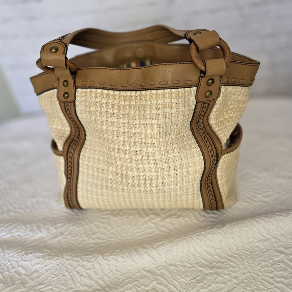 VTG Fossil Leather & Macrame Woven Tweed Boho‎ Shoulder Bag Tote